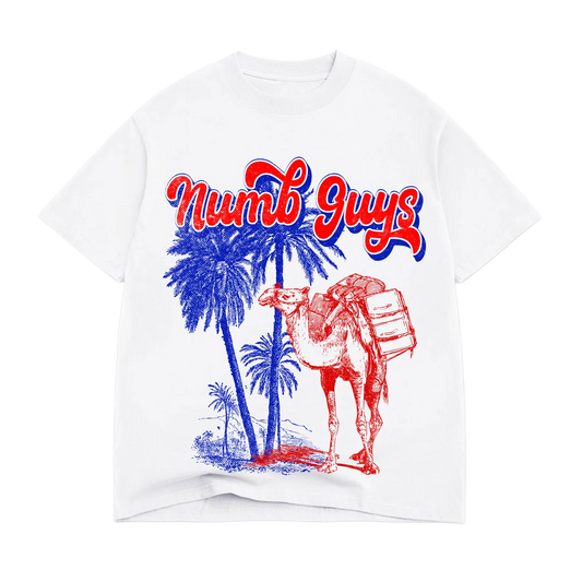 White t-shirt with red and blue graphic design of a camel and palm trees, featuring the text 'Numb Guys'.